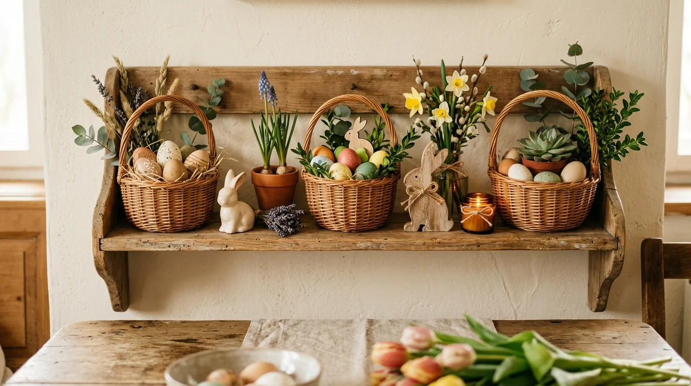 A rustic wooden shelf decorated with small baskets filled with eggs bunny figurines and greenery warm lighting farmhouse Easter charm no people
