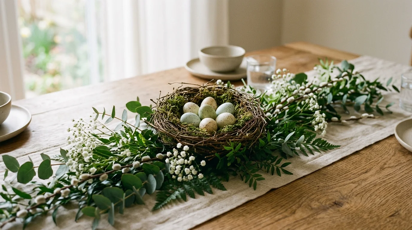 A DIY centerpiece featuring a nest filled with speckled eggs surrounded by greenery placed on a table soft natural lighting simple elegant spring decor no people