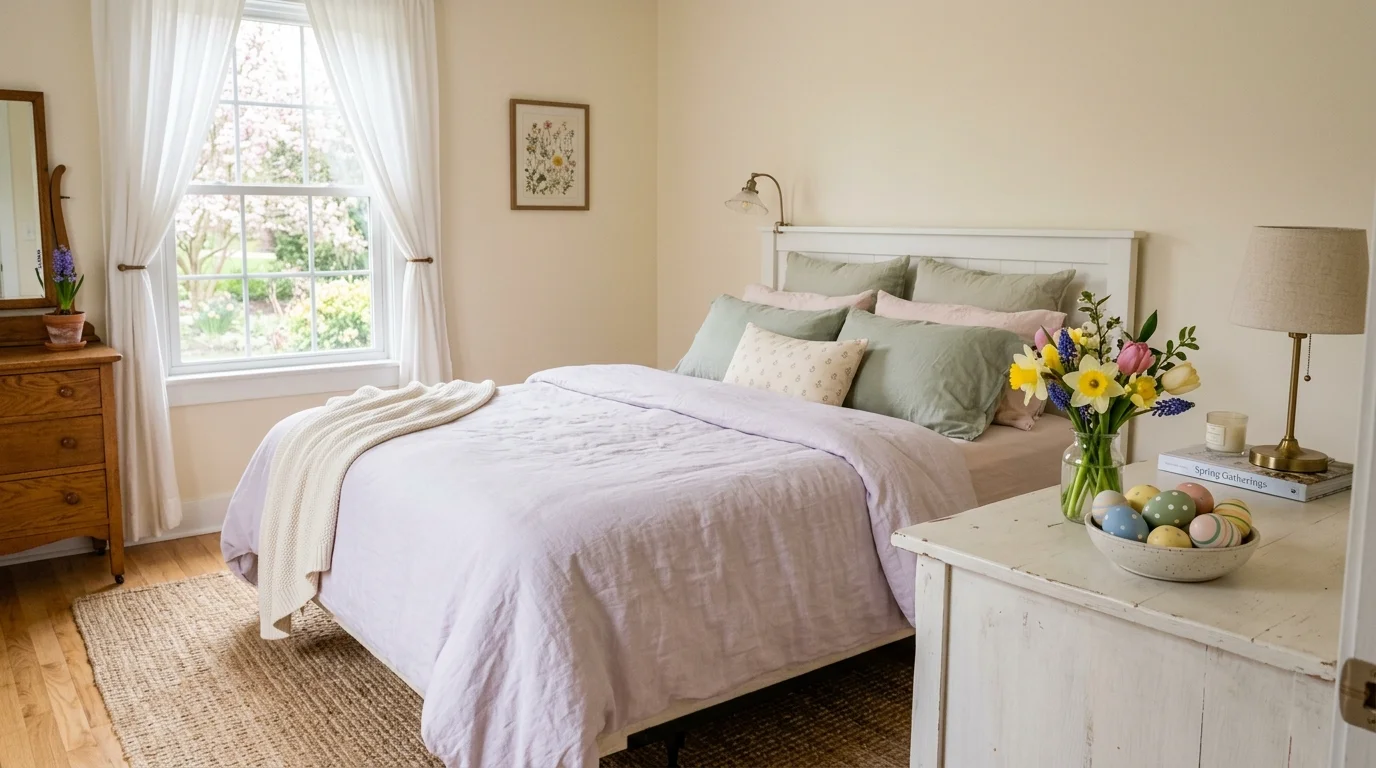 A bedroom with subtle Easter touches including pastel bedding a small vase of flowers and decorative eggs on a nightstand soft daylight cozy spring refresh no people