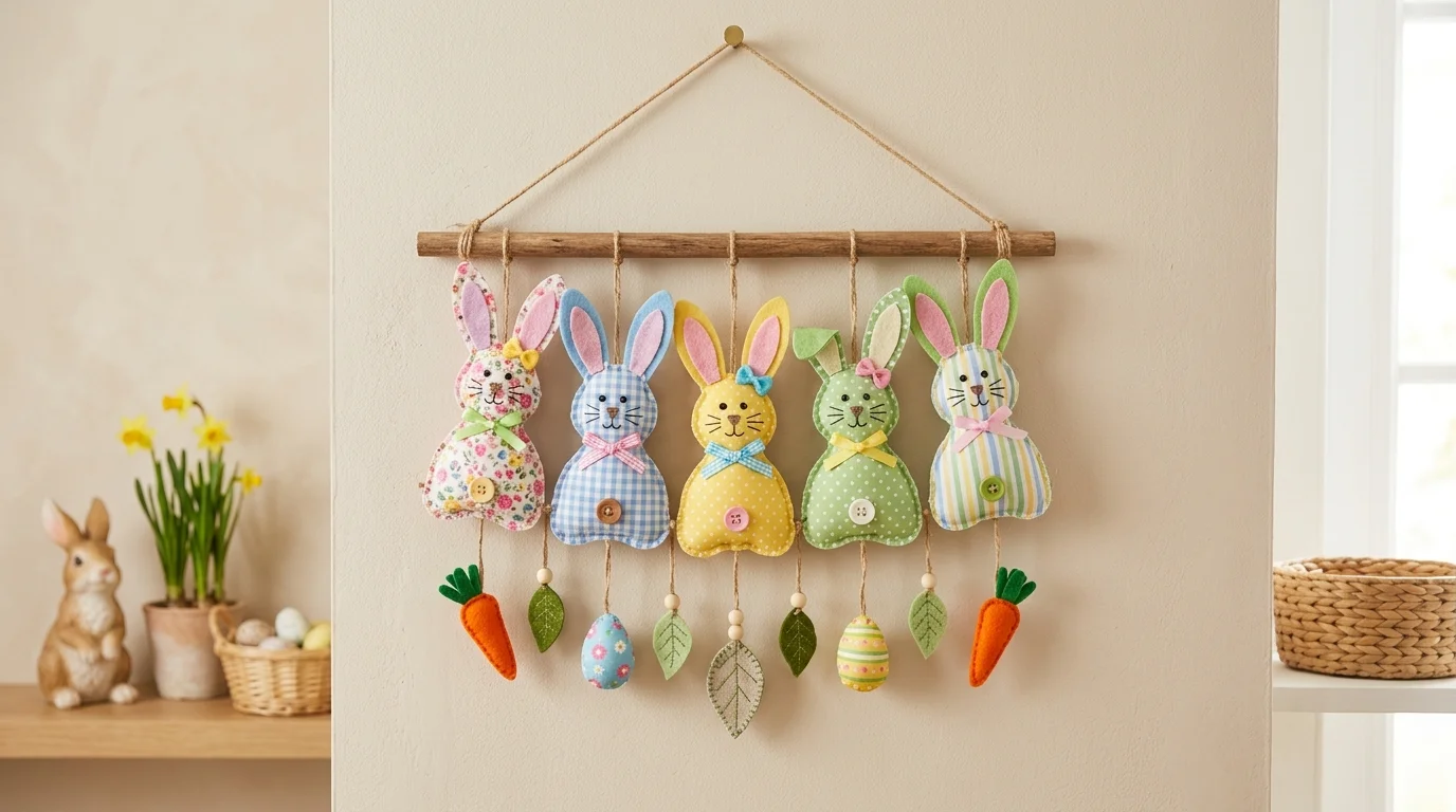 A DIY bunny themed wall art made from paper or fabric hung on a neutral wall bright lighting playful creative Easter decor no people