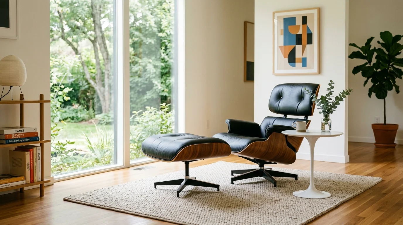 A space with a statement Eames style lounge chair and a minimalist side table bright lighting iconic mid century design no people