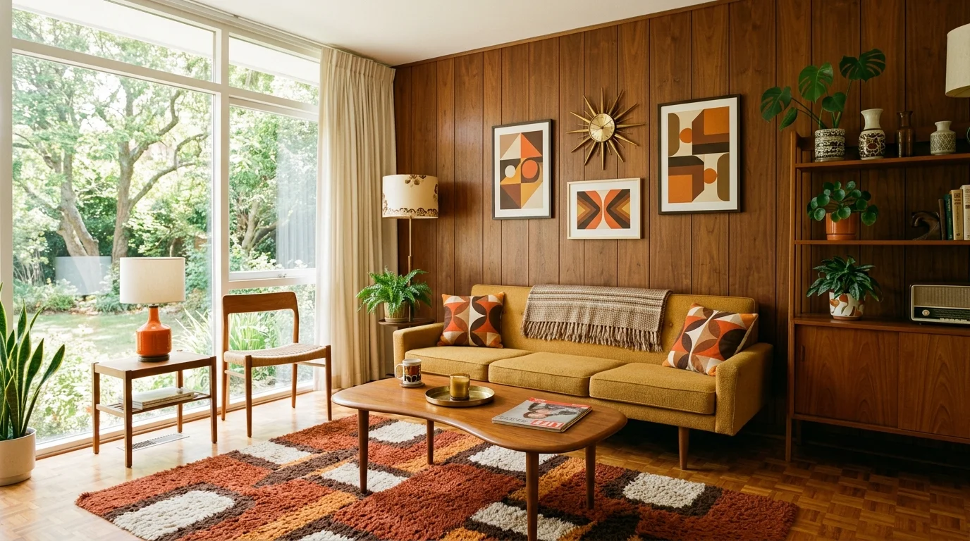 A living room with wood paneling and geometric decor paired with simple furniture bright natural light classic retro vibe no people