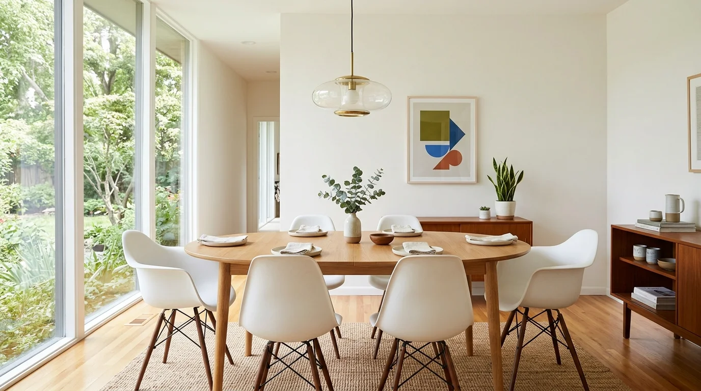 A dining area with a wooden table molded plastic chairs and a pendant light bright natural daylight clean mid century aesthetic no people