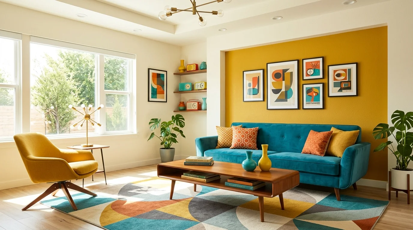 A room with bold accent colors like mustard yellow and teal paired with neutral tones bright lighting vibrant retro style no people