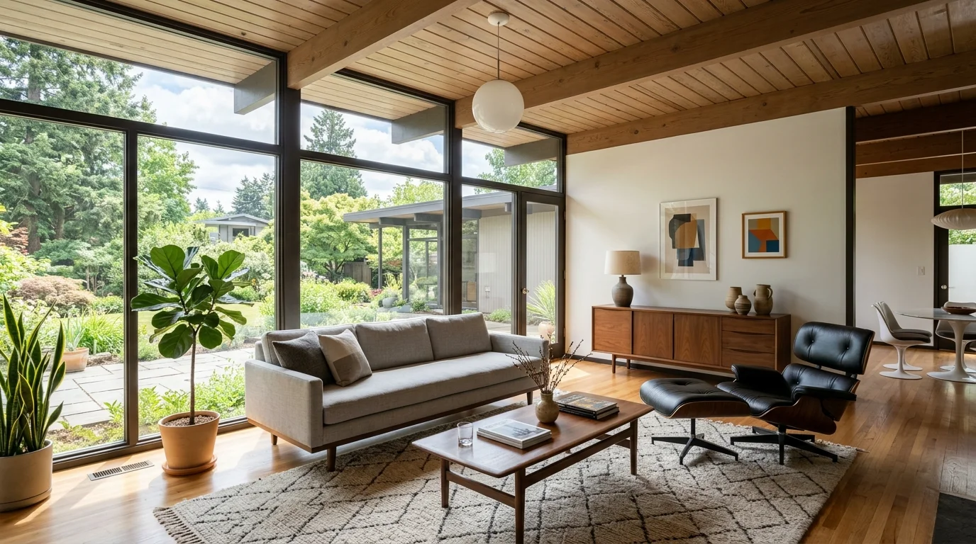 A mid century living room with large windows and minimal decor bright natural daylight open airy design no people