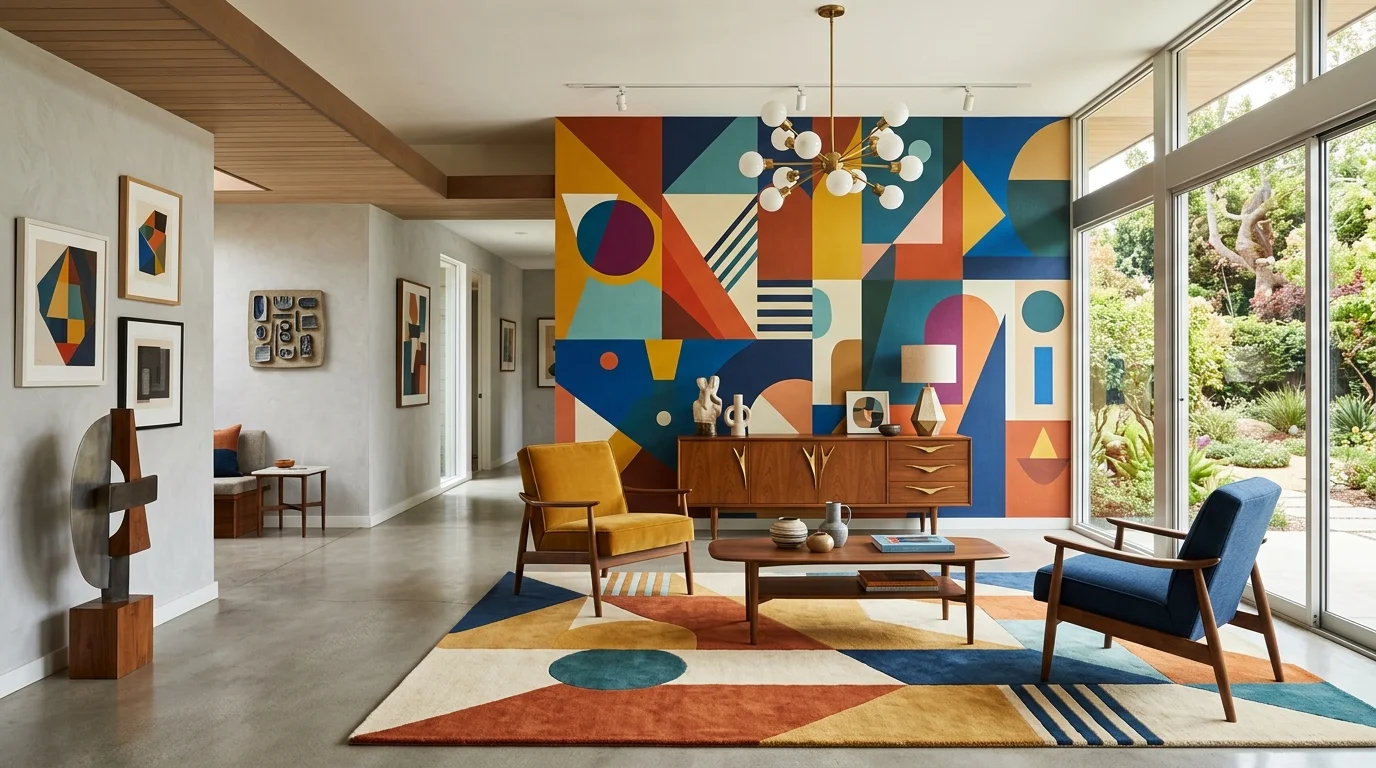 A space with abstract art and geometric patterns on walls bright lighting artistic mid century influence no people