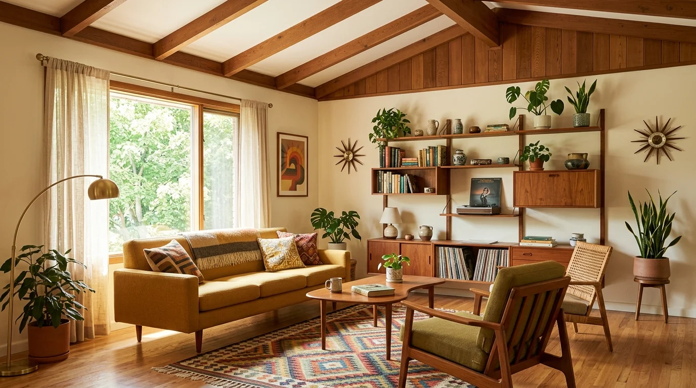 A living room with a mix of wood textures and clean lines bright natural daylight warm retro aesthetic no people
