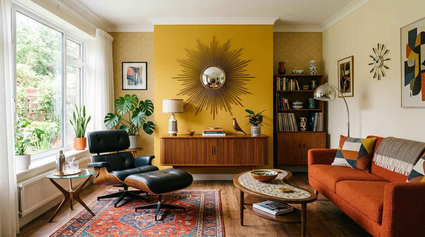 A room with a sunburst mirror and vintage decor accents bright lighting iconic mid century statement pieces no people
