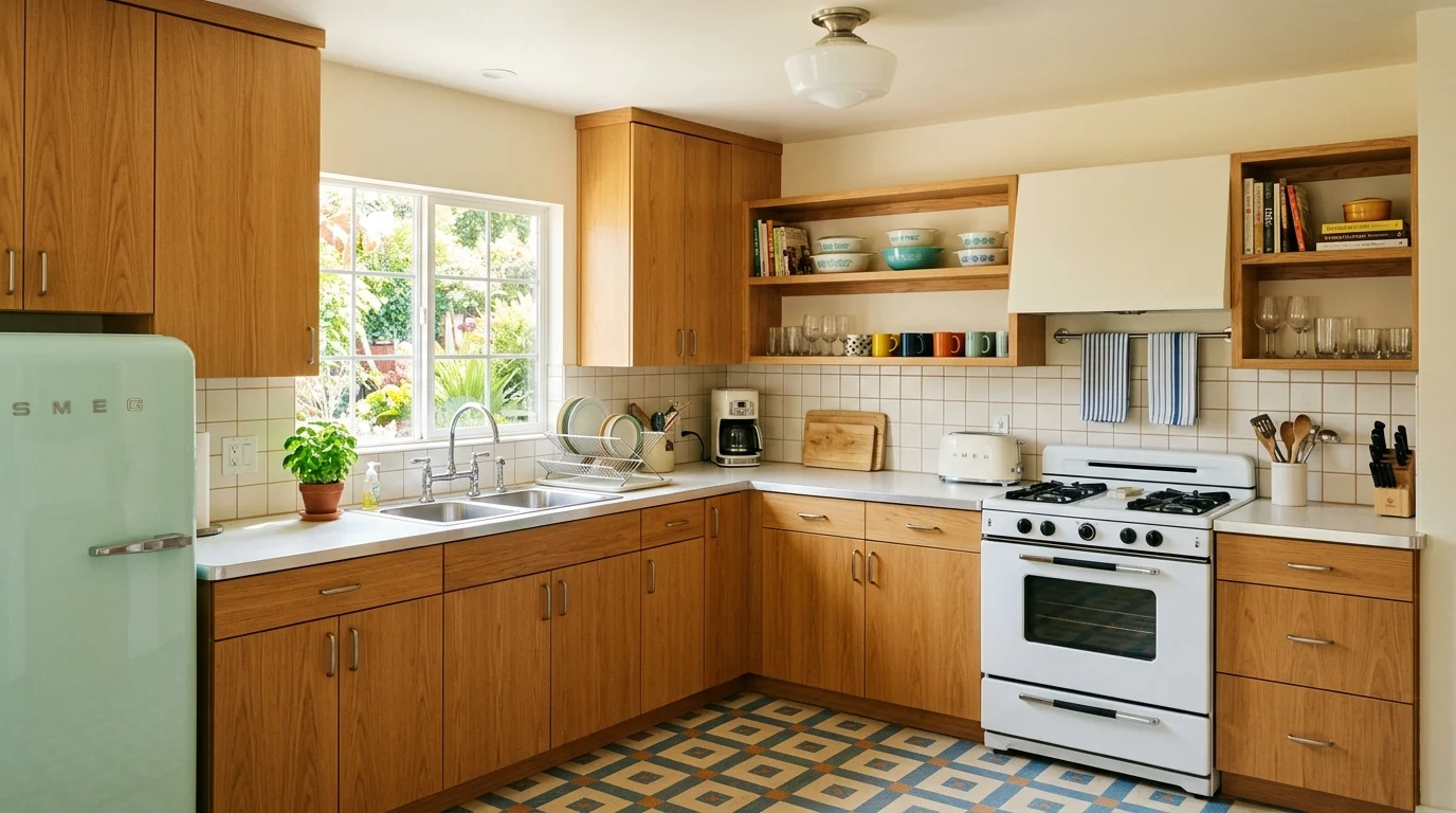 A kitchen with flat panel cabinets and simple hardware bright natural light clean functional retro design no people