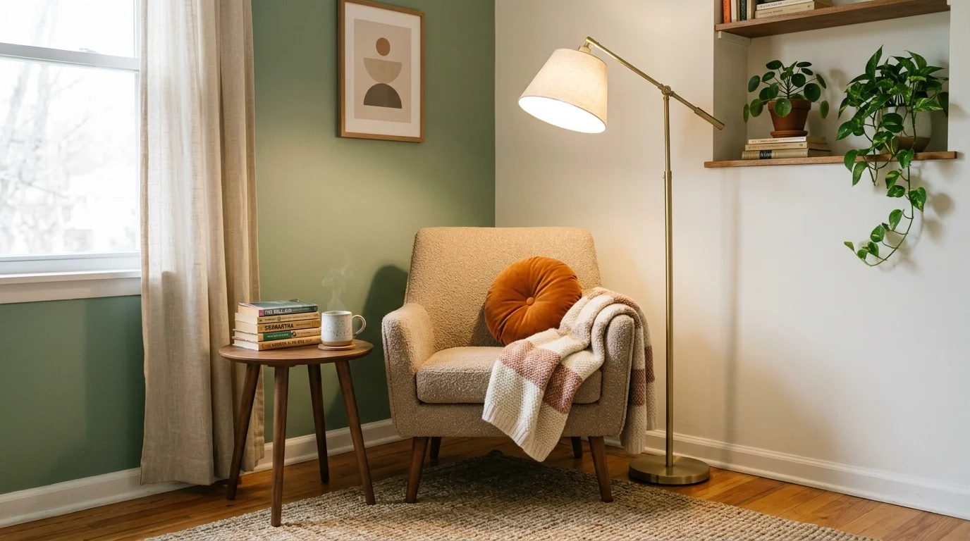 A cozy corner with a small armchair and a floor lamp bright lighting relaxed mid century nook no people