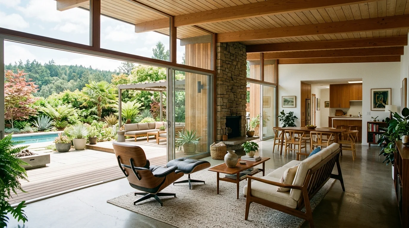 A home with open plan layout and seamless indoor outdoor connection bright natural daylight classic mid century living no people