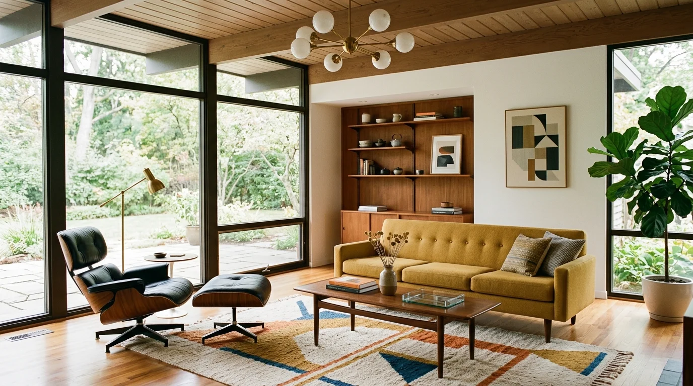 A mid century modern space with minimalist decor and timeless furniture bright lighting elegant retro appeal