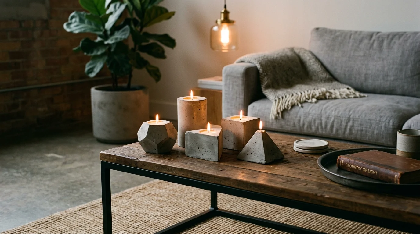 A set of concrete candle holders in geometric shapes arranged on a coffee table warm soft lighting minimalist industrial style no people