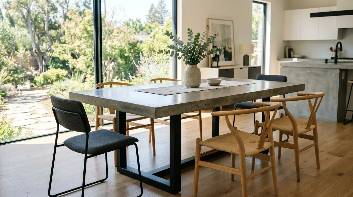 A concrete tabletop with a polished surface paired with metal legs bright natural daylight sleek modern furniture design no people