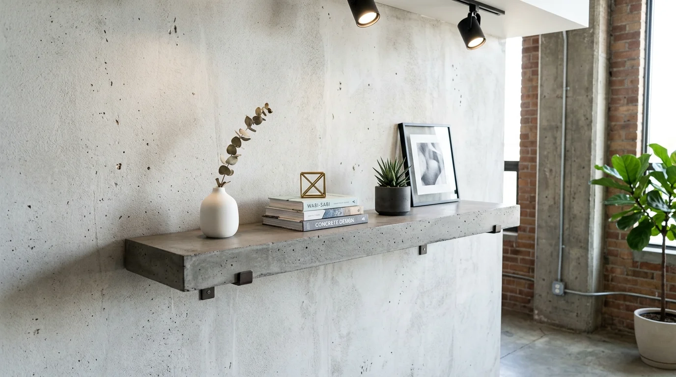 A wall mounted concrete shelf with clean lines holding small decor items bright lighting contemporary industrial look no people