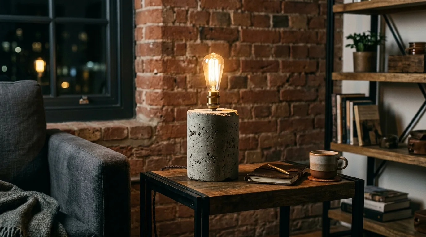 A concrete lamp base with an exposed bulb placed on a side table soft ambient lighting edgy industrial aesthetic no people