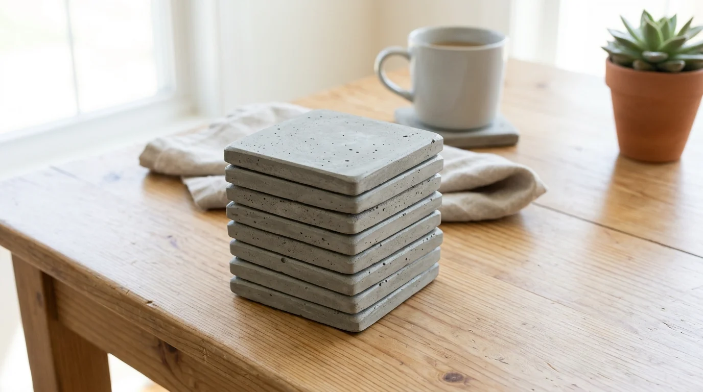 A set of small concrete coasters with subtle texture stacked neatly on a table bright lighting simple DIY decor no people