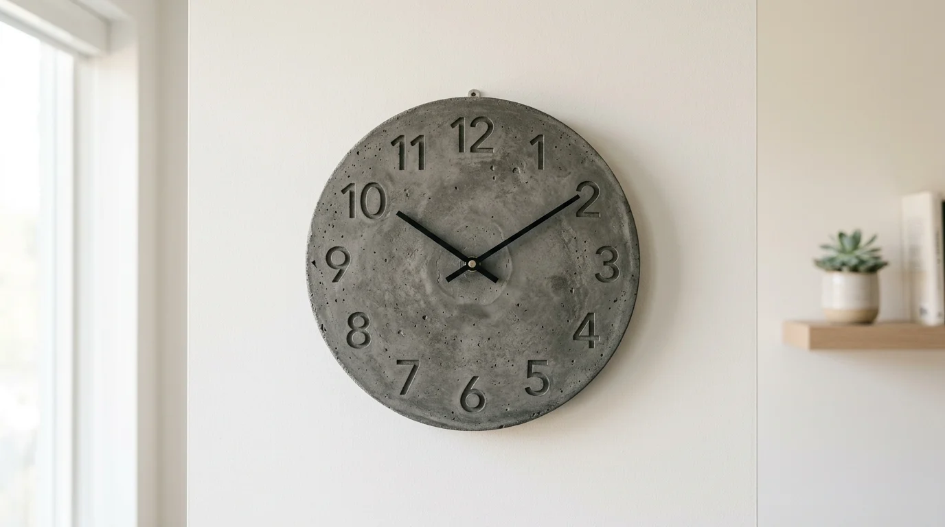 A concrete clock with engraved numbers mounted on a wall soft lighting modern minimalist design no people