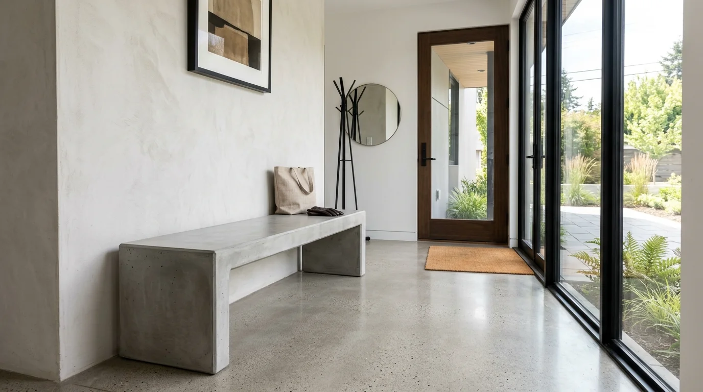 A concrete bench with a smooth finish placed in an entryway bright natural lighting sturdy industrial furniture piece no people