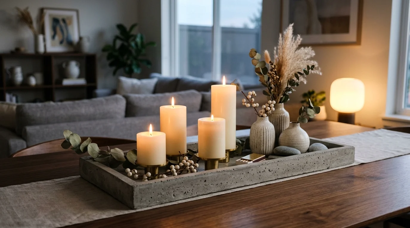 A concrete tray used as a centerpiece holding candles and decor items soft lighting stylish modern accessory no people