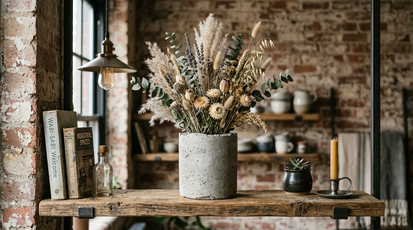 A DIY concrete vase with a raw textured look holding dried flowers placed on a shelf soft lighting industrial chic decor no people
