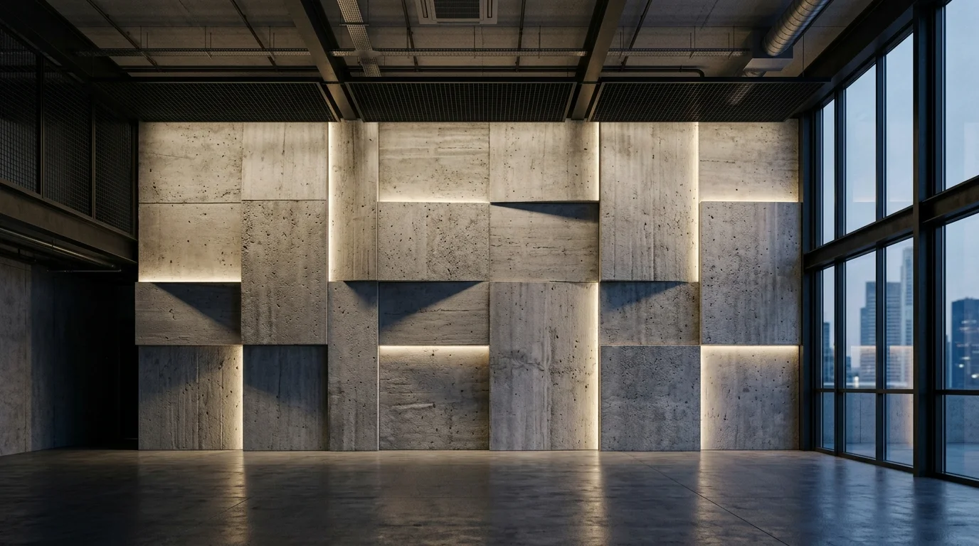 A concrete wall panel feature with subtle texture creating a bold modern statement soft lighting dramatic industrial design no people