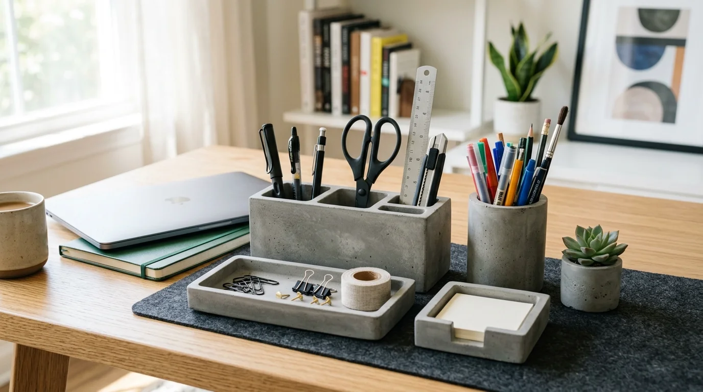 A concrete desk accessory set including pen holders and organizers arranged neatly bright lighting functional stylish decor no people