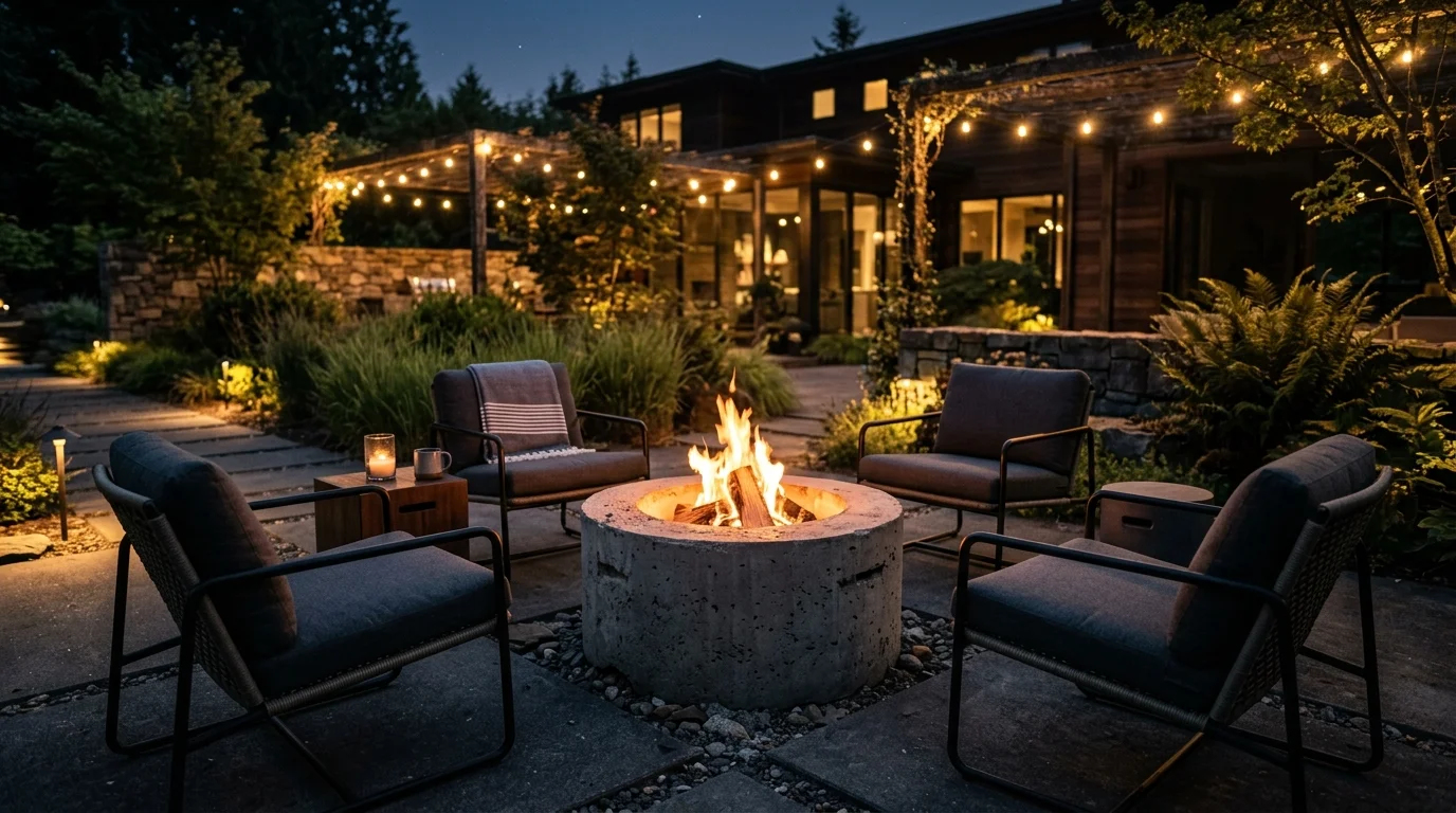 A concrete fire pit placed outdoors with soft glowing flames and surrounding seating warm lighting modern industrial outdoor design no people