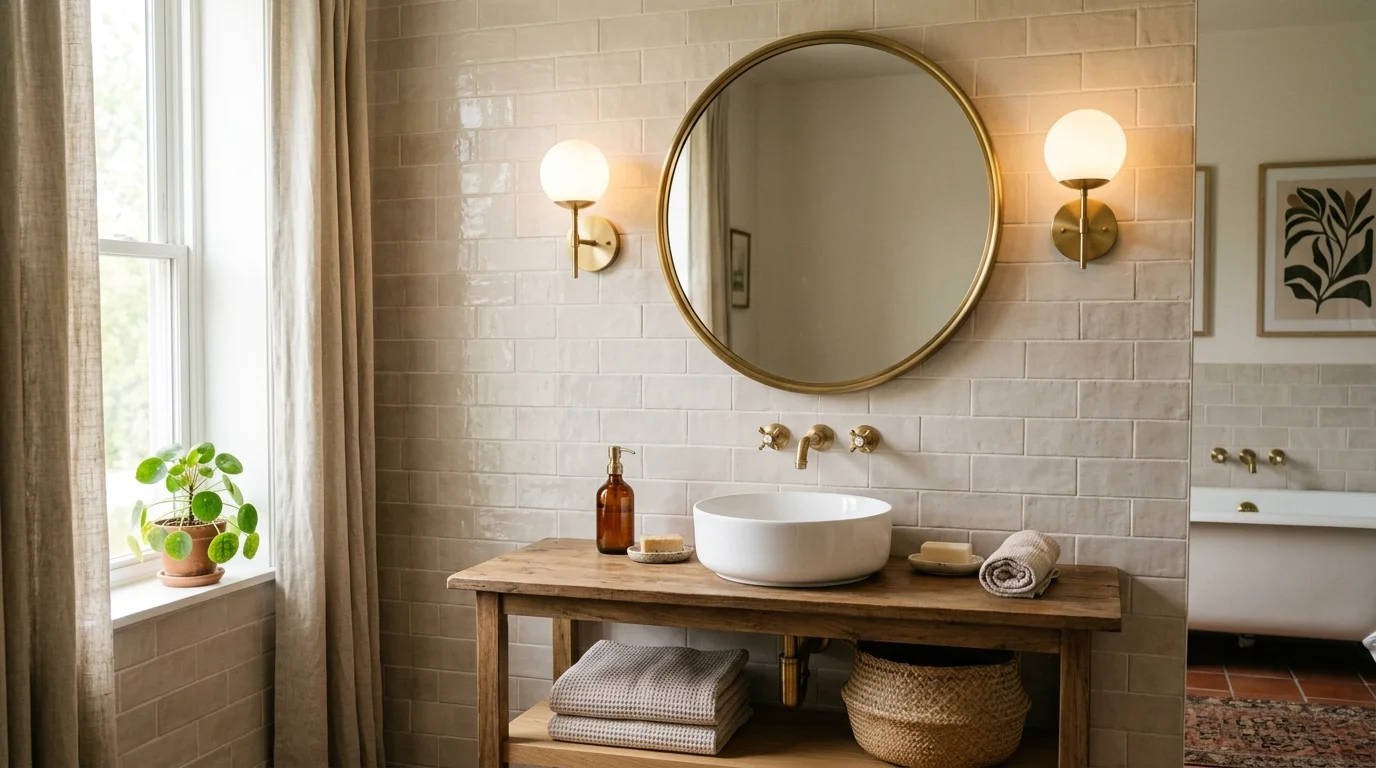A round brass-framed bathroom mirror above a white ceramic sink, paired with warm wall sconces, soft beige tiles, elegant vintage-modern fusion, gentle natural light, no people