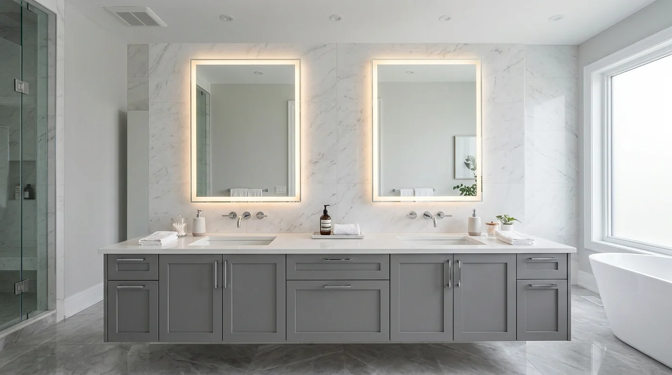 A double vanity bathroom with two oversized rectangular mirrors featuring integrated lighting, sleek gray cabinetry, minimalist luxury aesthetic, bright diffused lighting, symmetrical composition, no people