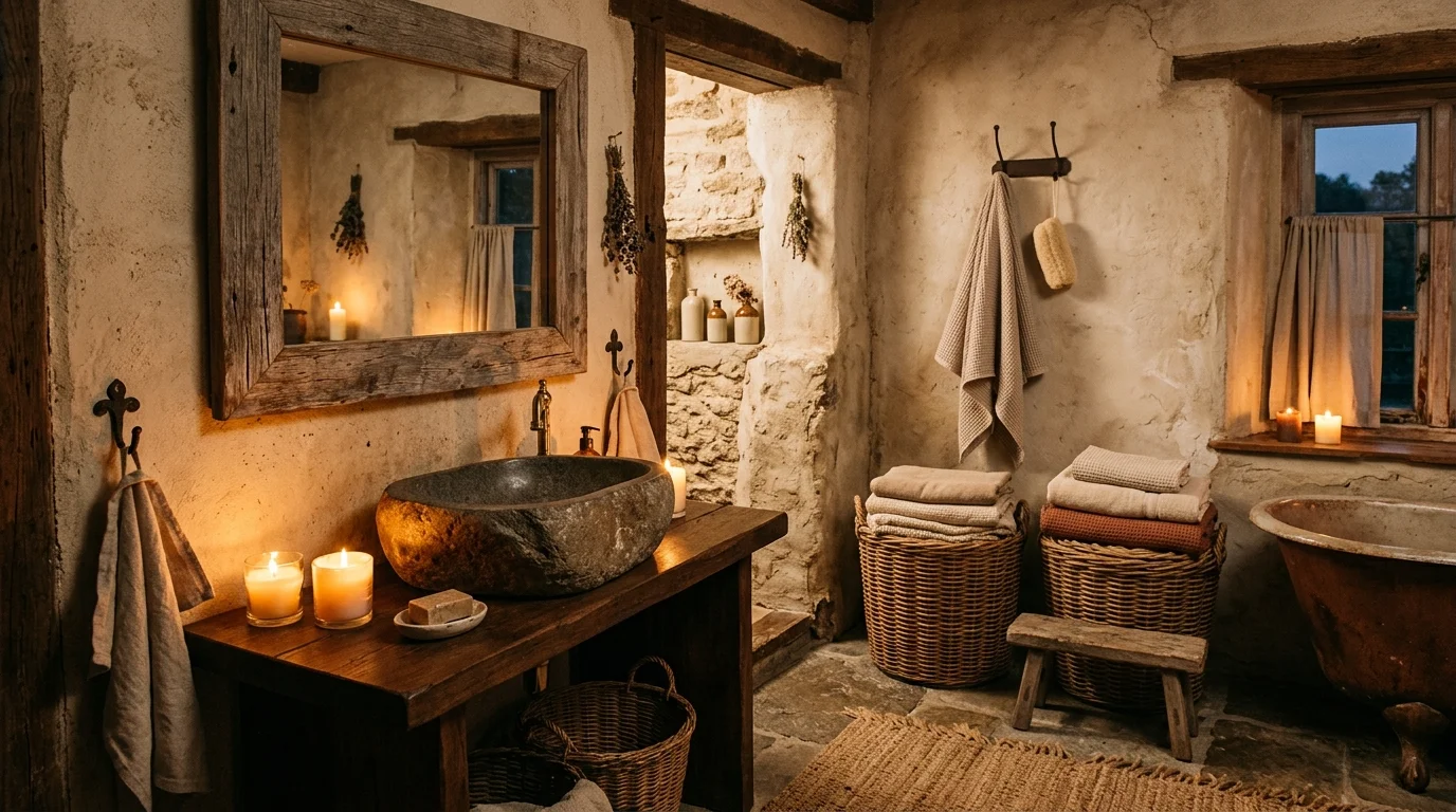 A rustic bathroom with a wooden framed mirror above a stone sink, textured walls, woven baskets, warm candlelit glow, cozy natural materials, no people