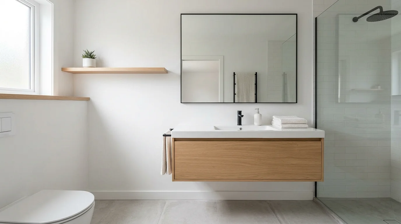 A minimalist bathroom with a thin black metal framed mirror, matte white walls, floating sink, and hidden storage, crisp modern design, soft daylight, no people