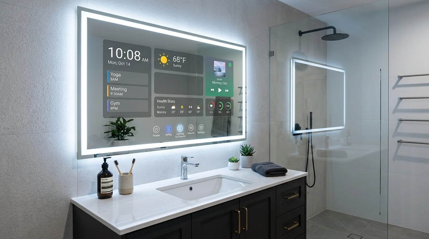 A smart bathroom mirror with built-in digital display, LED touch controls, and fog-resistant surface, sleek futuristic vanity setup, cool neutral lighting, no people
