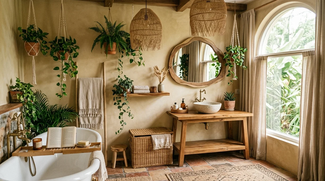 A boho bathroom with an organic-shaped mirror, rattan accents, hanging plants, and earthy tones, soft natural sunlight, relaxed aesthetic, no people