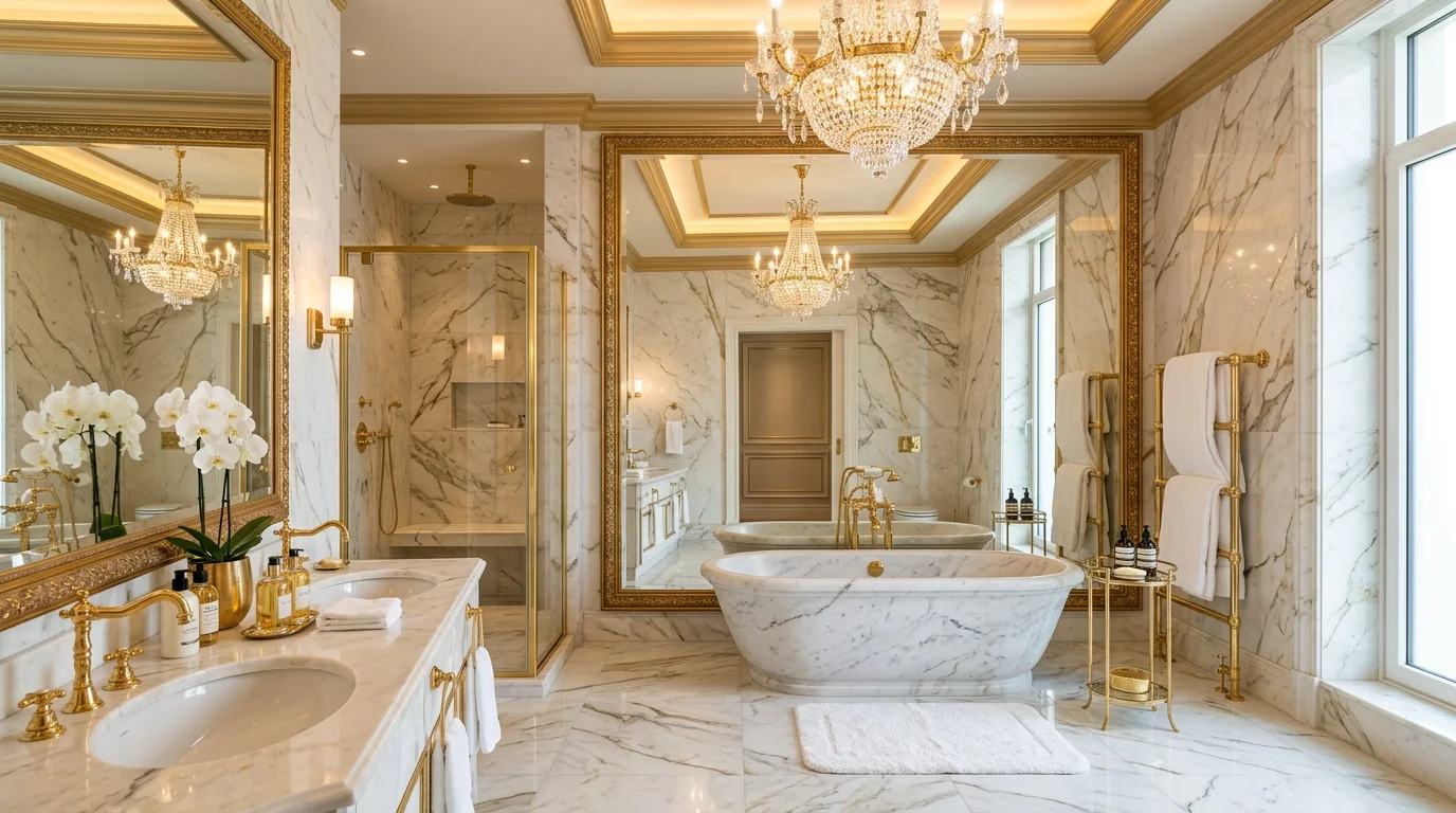 A luxury bathroom with oversized floor-to-ceiling mirror reflecting marble interiors, gold fixtures, and chandelier lighting, glamorous hotel-style design, no people