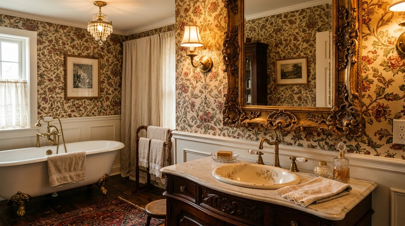 A vintage-inspired bathroom with ornate baroque mirror frame, floral wallpaper, antique sink, and warm golden lighting, elegant nostalgic charm, no people