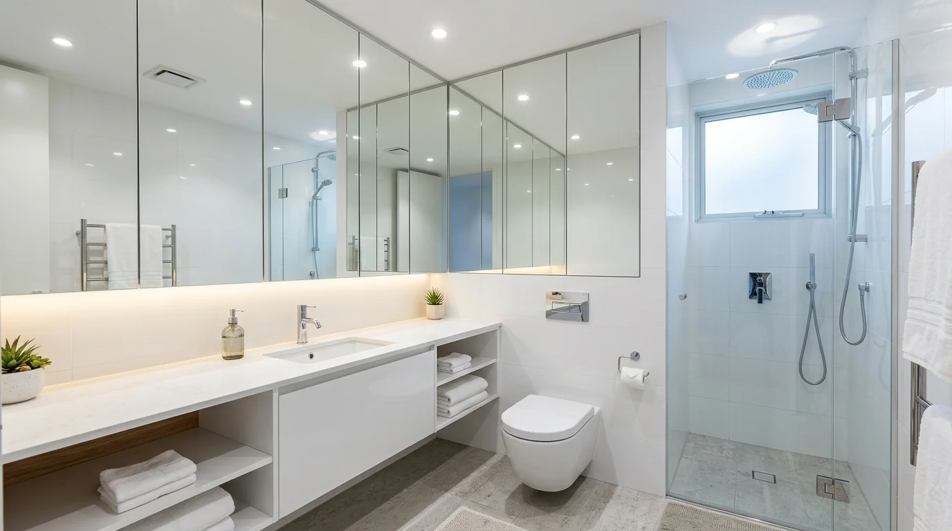 A compact bathroom with mirrored cabinet wall maximizing space, clean white tiles, chrome fixtures, bright efficient lighting, functional modern design, no people