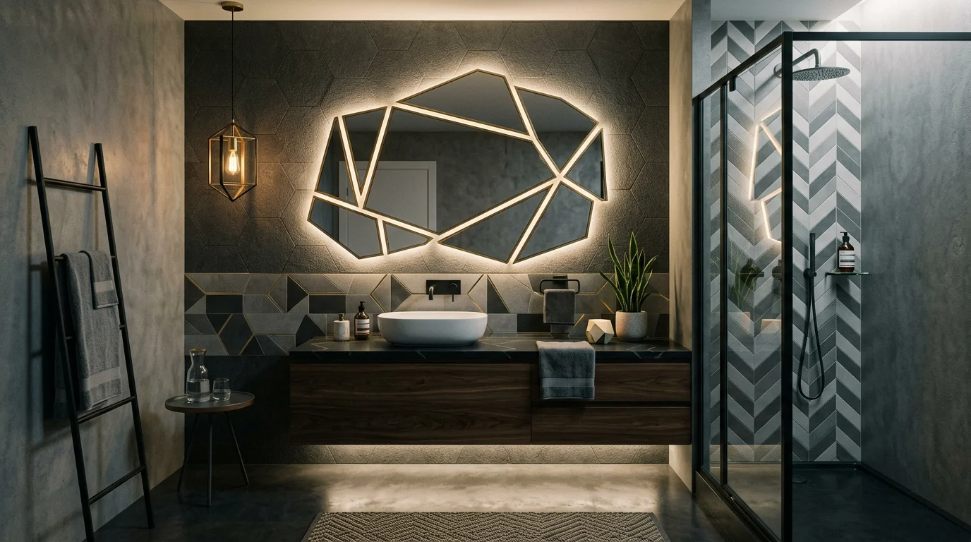 A contemporary bathroom with asymmetrical artistic mirror design, geometric shapes, and LED accent lighting, creative modern interior, soft moody glow, no people