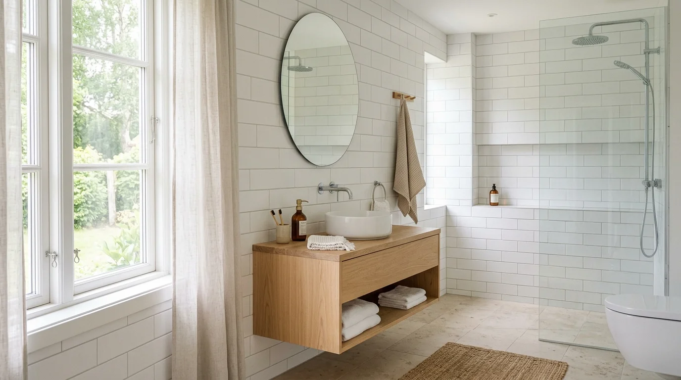 A Scandinavian bathroom with simple oval mirror, light wood vanity, white tiles, and airy natural daylight, minimal calm aesthetic, no people