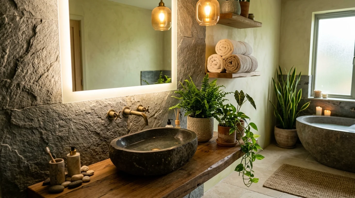 A spa-inspired bathroom with backlit frosted mirror, stone basin sink, greenery accents, and soft warm lighting, serene wellness atmosphere, no people