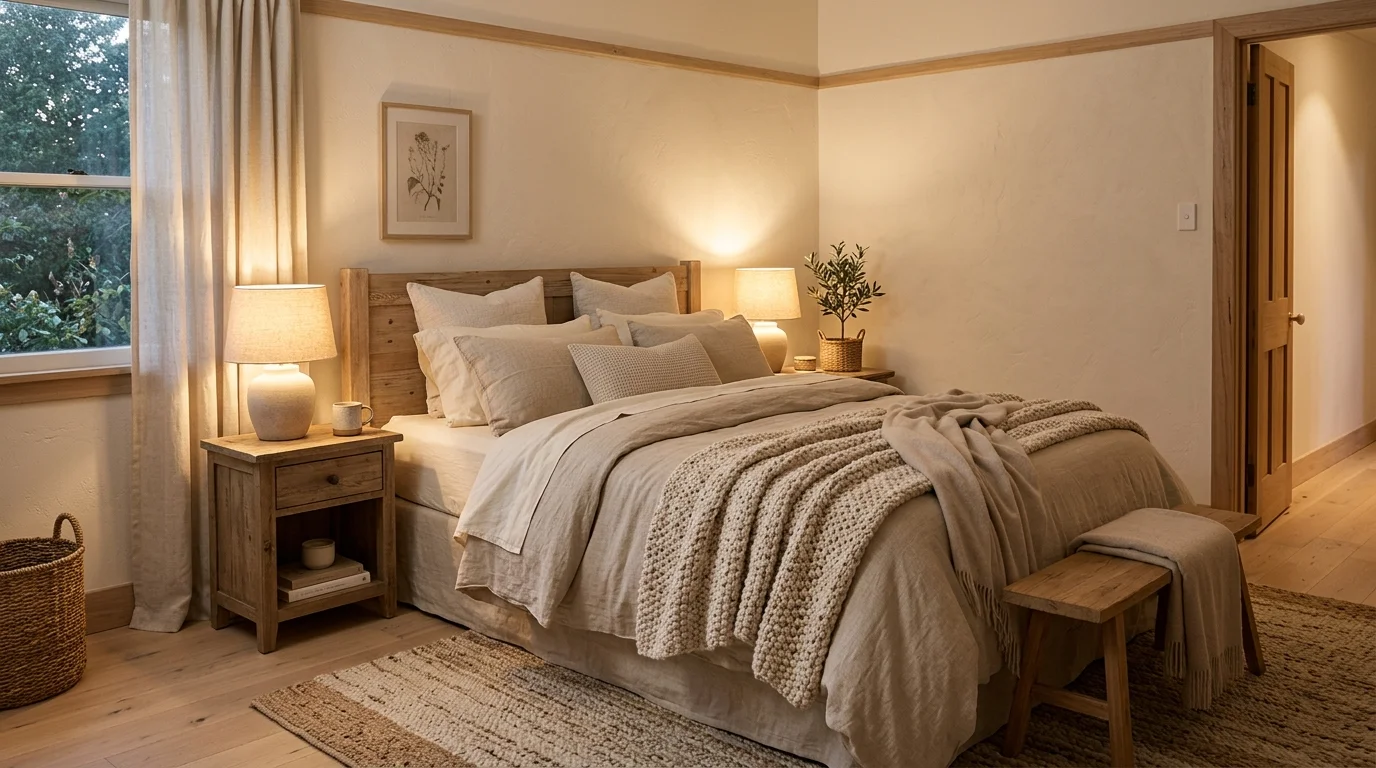A cozy bedroom in warm beige and cream tones, layered linen bedding, textured throw blankets, soft ambient lighting from bedside lamps, inviting and soothing mood, slightly angled composition, no people