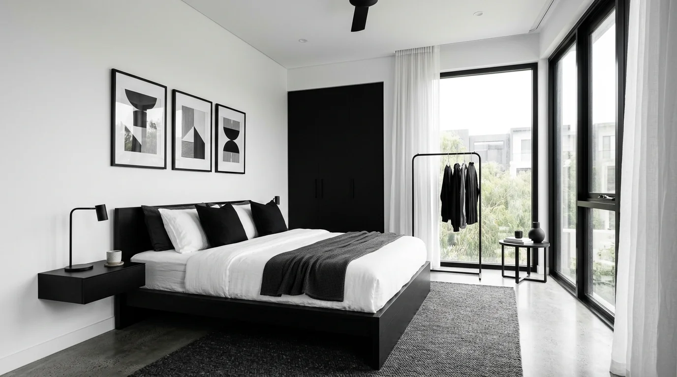 A minimalist bedroom with monochrome black and white color scheme, sleek furniture, clean lines, abstract wall art, soft diffused daylight, modern aesthetic, front-facing shot, no people