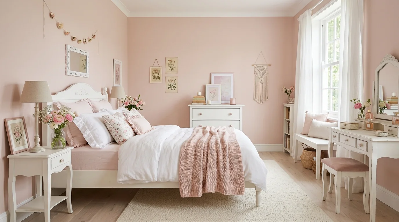 A pastel-themed bedroom with blush pink walls, white furniture, delicate floral accents, soft natural light, romantic and airy feel, eye-level composition, no people