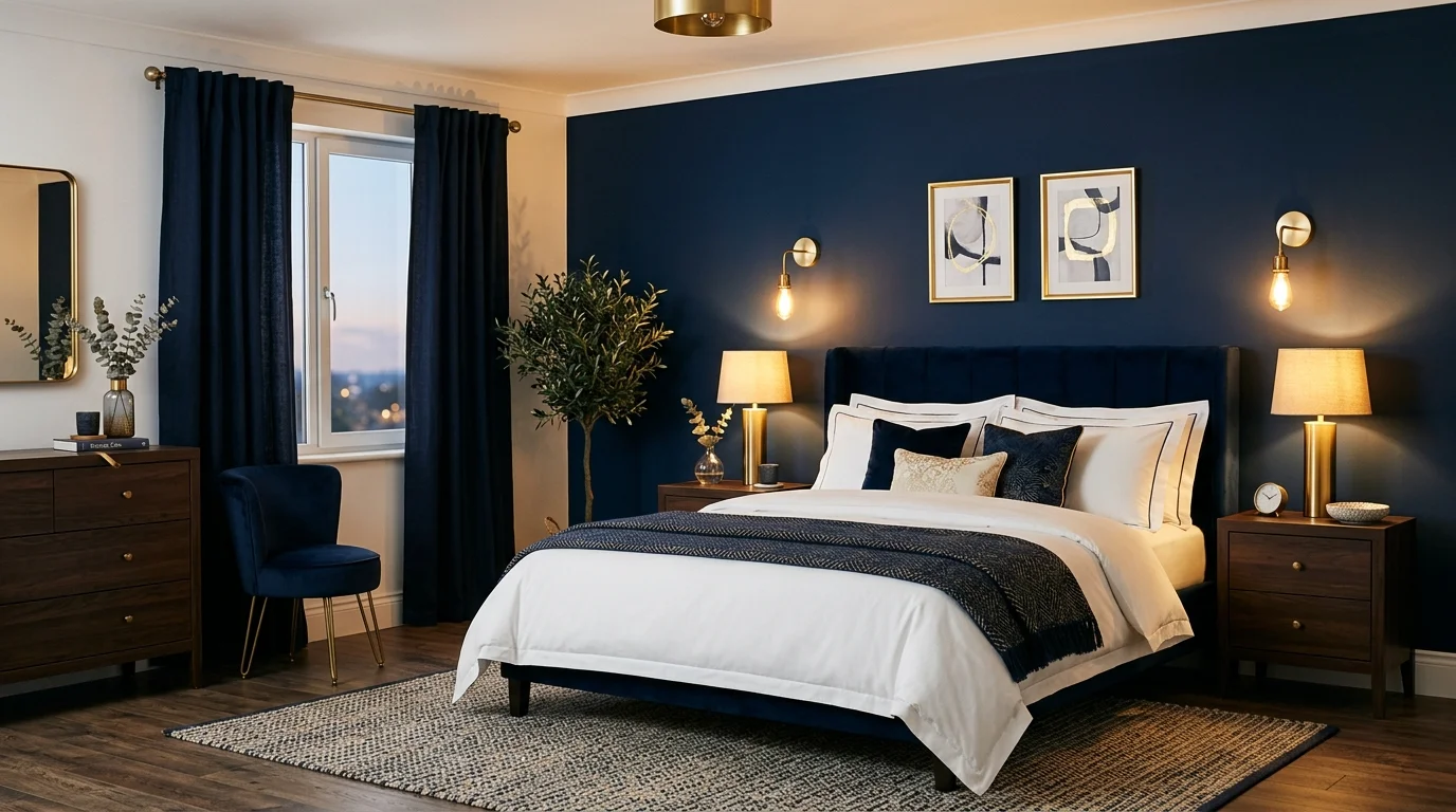 A navy blue accent bedroom with deep blue feature wall, brass lighting fixtures, white crisp bedding, elegant contrast, warm golden lamp light, sophisticated mood, no people