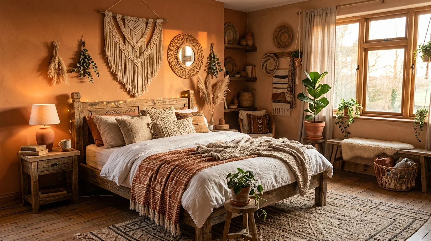 A terracotta-inspired bedroom with earthy orange walls, woven decor elements, rustic wooden bed frame, warm sunset lighting, bohemian cozy atmosphere, no people