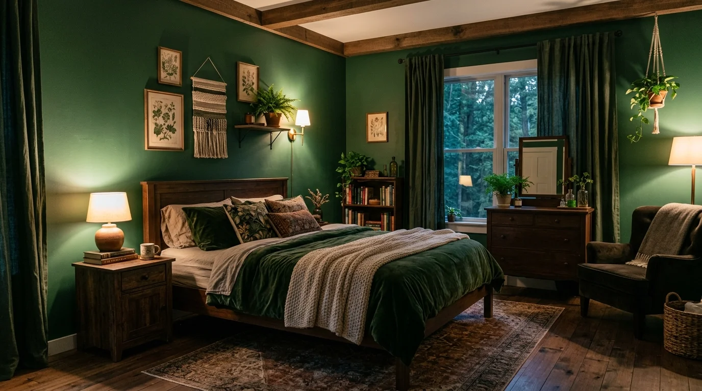 A forest green bedroom with rich green walls, dark wood furniture, cozy textiles, moody warm lighting, nature-inspired calming vibe, wide composition, no people