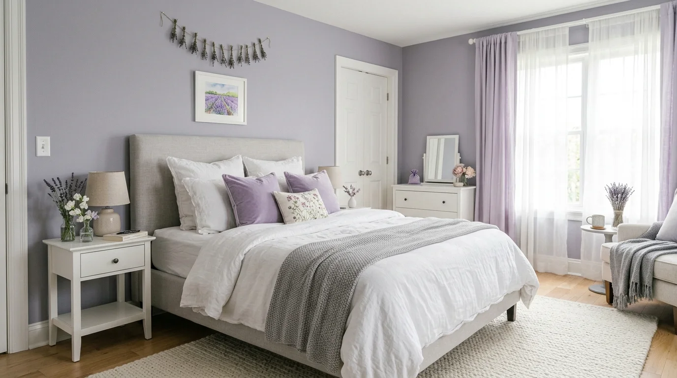 A lavender-toned bedroom with soft purple accents, white and gray bedding, gentle floral decor, airy natural light, serene and dreamy aesthetic, no people