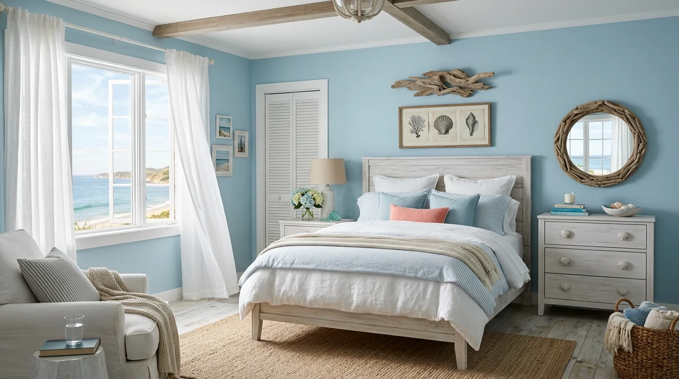 A coastal blue bedroom with soft ocean-inspired hues, whitewashed furniture, driftwood accents, breezy curtains, bright natural daylight, fresh and relaxed mood, no people