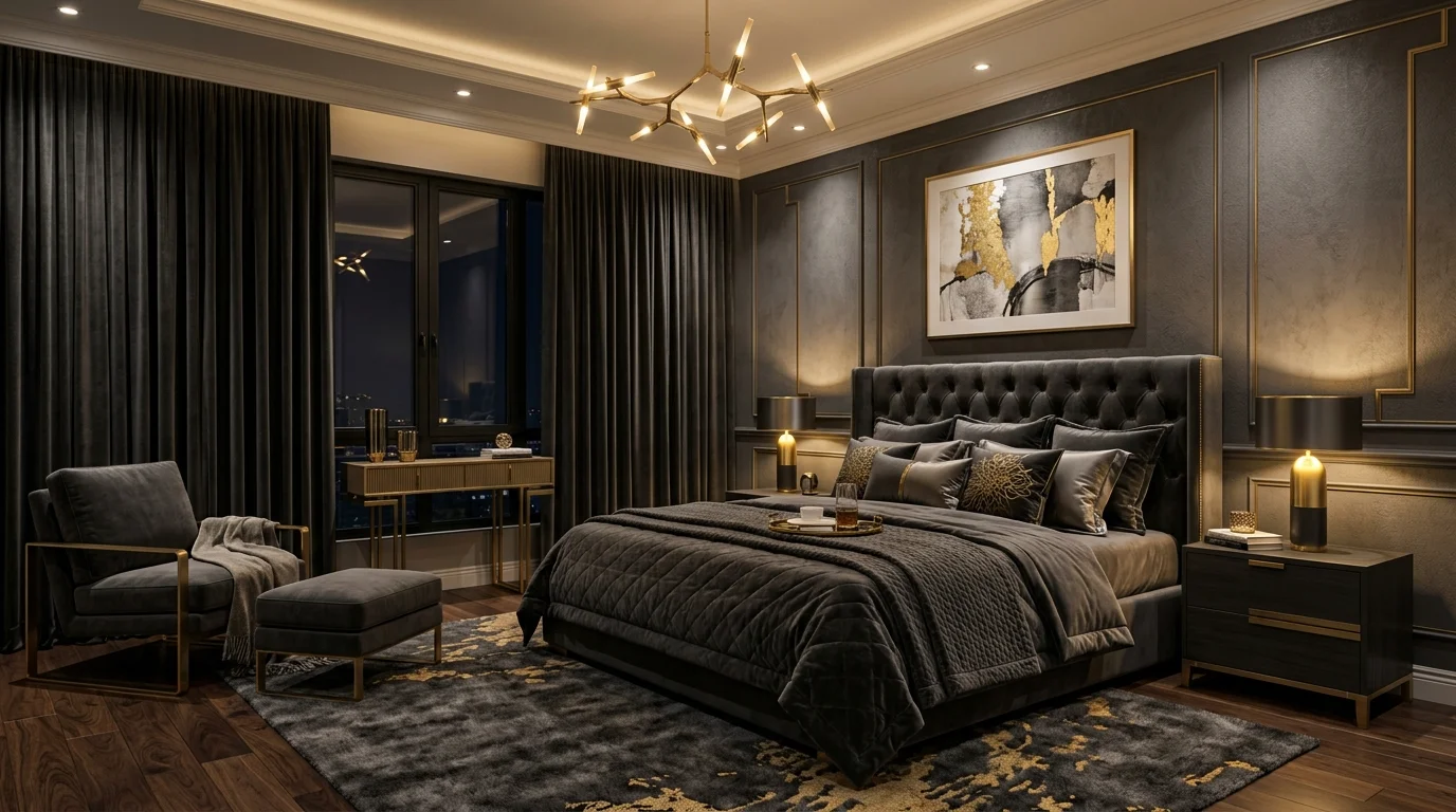 A charcoal gray and gold accent bedroom, elegant modern furniture, velvet textures, warm spotlight lighting, luxurious and dramatic atmosphere, centered composition, no people