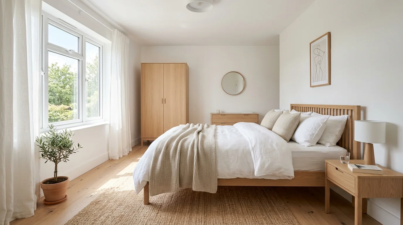 A Scandinavian white and wood bedroom with light oak furniture, neutral palette, minimal decor, bright natural sunlight, clean and airy design, no people